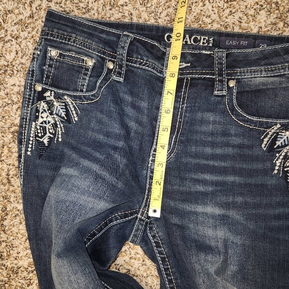 Grace in LA Women’s Easy Fit Mid-Rise Bootcut Jeans Feather Embroidery Bling Siz - Picture 6 of 14